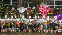 A makeshift memorial for the shooting victims outside Robb Elementary School in Uvalde, Texas, on May 27, 2022. - Texas police faced angry questions May 26, 2022 over why it took an hour to neutralize the gunman who murdered 19 small children and two teachers in Uvalde, as video emerged of desperate parents begging officers to storm the school. (Photo by CHANDAN KHANNA / AFP) (Photo by CHANDAN KHANNA/AFP via Getty Images)