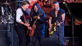 Paul McCartney, from left, Dave Grohl and Bruce Springsteen perform at Glastonbury Festival