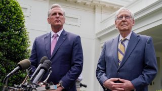Senate Minority Leader Mitch McConnell of Ky., and House Minority Leader Kevin McCarthy of Calif., speak to reporters outside the White House after a meeting with President Joe Biden, Wednesday, May 12, 2021, in Washington.