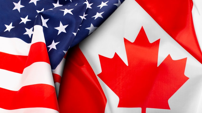 American and Canadian flags together. Top view.