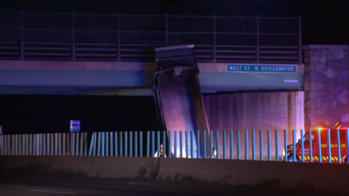 West Bridgewater Crash Dump Truck Stuck Under Overpass NBC Boston