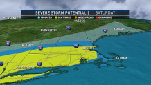 A map showing the severe thunderstorm potential across New England on Saturday, July 2, 2022. Scattered severe storms are possible across southern New England, with isolated storm danger across much of the rest of the region.