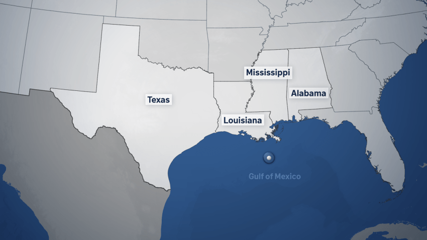 A map of the Gulf of Mexico and several states along the coast. A group is organizing to bring abortion services and other reproductive healthcare to federal waters bordering these states.