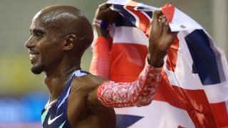 Britain's Mo Farah celebrates