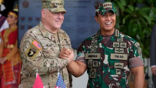 U.S. Chairman of the Joint Chiefs of Staff Gen. Mark Milley, left, shakes hands with Indonesian Armed Forces Chief Gen. Andika Perkasa