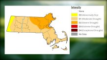 The U.S. Drought Monitor shows much of Massachusetts in the D2 range, signifying severe drought conditions