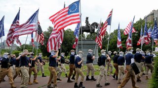 BOSTON, MA – July 2: The white supremacist group, The Patriot Front marches thru the city of Boston on July 2, 2022 in , BOSTON, MA. (Staff Photo By Stuart Cahill/MediaNews Group/Boston Herald)