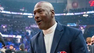 February 20, 2022; Cleveland, Ohio, USA; NBA great Michael Jordan is honored for being selected to the NBA 75th Anniversary Team during halftime in the 2022 NBA All-Star Game at Rocket Mortgage FieldHouse. Mandatory Credit: Kyle Terada-USA TODAY Sports