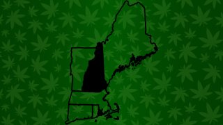 A photo illustration showing a map of New England, with New Hampshire in black, over marijuana leaves