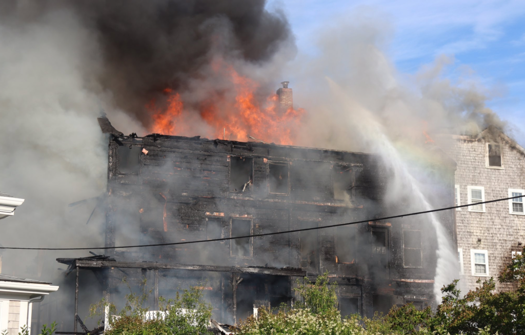 A fire burns at Nantucket's Veranda House hotel on Saturday, July 9, 2022.