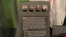 An exhibit showing David "Big Papi" Ortiz' 2003, 2007 and 2013 World Series champion rings, as well as his 2013 series MVP ring, at the Baseball Hall of Fame in Cooperstown, New York.