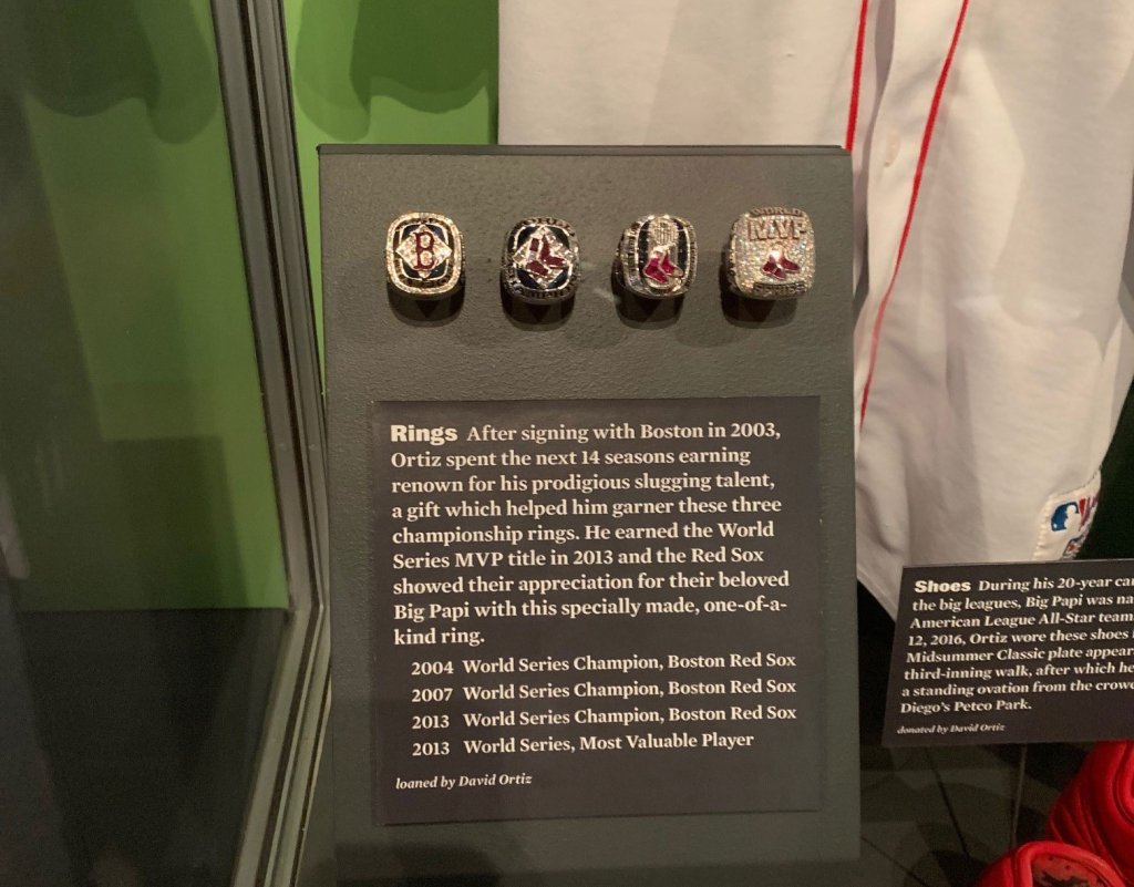 An exhibit showing David "Big Papi" Ortiz' 2003, 2007 and 2013 World Series champion rings, as well as his 2013 series MVP ring, at the Baseball Hall of Fame in Cooperstown, New York.