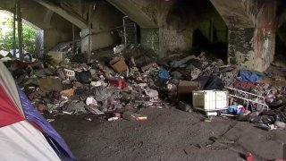 An encampment for people without homes in Lawrence, Massachusetts