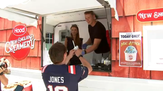 Mac Jones giving away limited-edition Hood ice cream called Mac Attack in Charlestown on Friday, July 15, 2022.