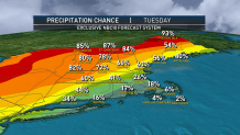 A map showing the precipitation chances on Tuesday, July 12, 2022, in New England. Chances are above 50% in northern and western New England, under 50% in southern New England.