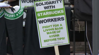 A sign at a Starbucks strike on Commonwealth Avenue in Boston on Monday, July 18, 2022.