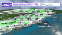 A map showing expected rain and temperatures across New England on the evening of Tuesday, July 12, 2022.