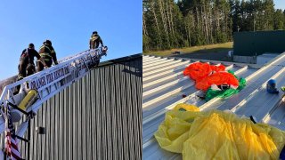 Fire officials rescued a skydiver whose parachutes became entangled in flight, causing him to land on a roof in Orange, Mass., on Sunday night, July 10, 2022.