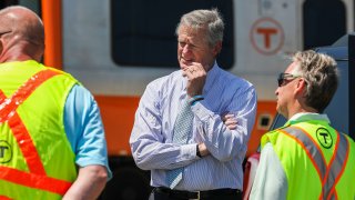 Boston, MA – August 3: Governor Charlie Baker speaks to employees of the MBTA after providing an update regarding the closure of the Orange Line. (Photo by Erin Clark/The Boston Globe via Getty Images)