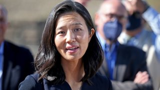 BOSTON, MA – October 13: Mayoral candidate Michelle Wu speaks on transportation issues at the Readville MBTA Station on October 13, 2021 in Readville, BOSTON, MA. (Staff Photo By Stuart Cahill/MediaNews Group/Boston Herald)