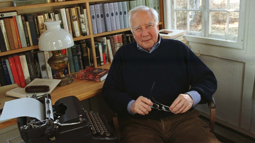 American author and historian David McCullough in his writing shed where he still uses a 1941 Royal typewriter, at his home in West Tisbury, Massachusetts, USA, 4th February 2002.   (Photo by Stephen Rose/Getty Images)