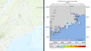 U.S. Geological Survey maps showing a small earthquake that shook parts of Downeast Maine Wednesday, Aug. 17, 2022.