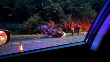 A car involved in a serious crash on I-95 in Sharon, Massachusetts, Thursday, August 4, 2022.