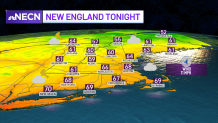 A map showing projected low temperatures across New England Thursday night: Mostly in the 60s, with some 50s in the northern part of the region