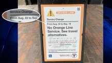 An MBTA Orange Line sign showing that service changes begin on Monday, Aug. 22, not Friday, Aug. 19. The MBTA apologized for the error.