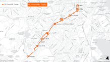 A map showing the Orange Line shuttle's southern route from Boston's Copley Square to Forest Hills during the line's shutdown Aug. 19-Sept. 18.