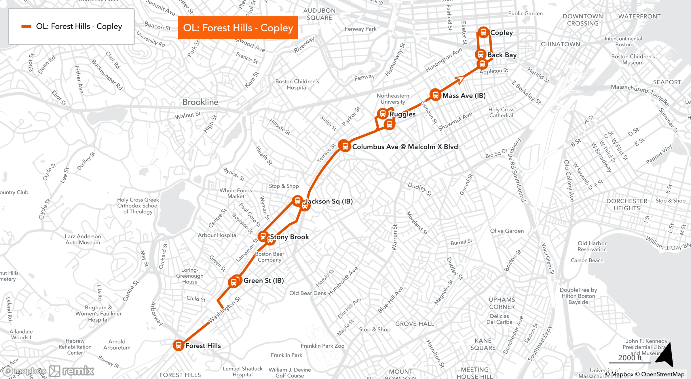 A map showing the Orange Line shuttle's southern  route from Boston's Copley Square to Forest Hills during the line's partial shutdown Aug. 19-Sept. 18..