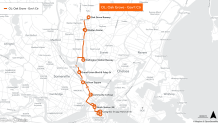 A map showing the Orange Line shuttle's northern route between Boston's Government Center and Oak Grove during the line's closure from August 19 through September 19.  18.