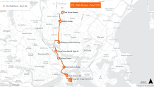 A map showing the Orange Line shuttle's northern route between Boston's Government Center and Oak Grove during the line's closure from August 19 through September 19. 18.