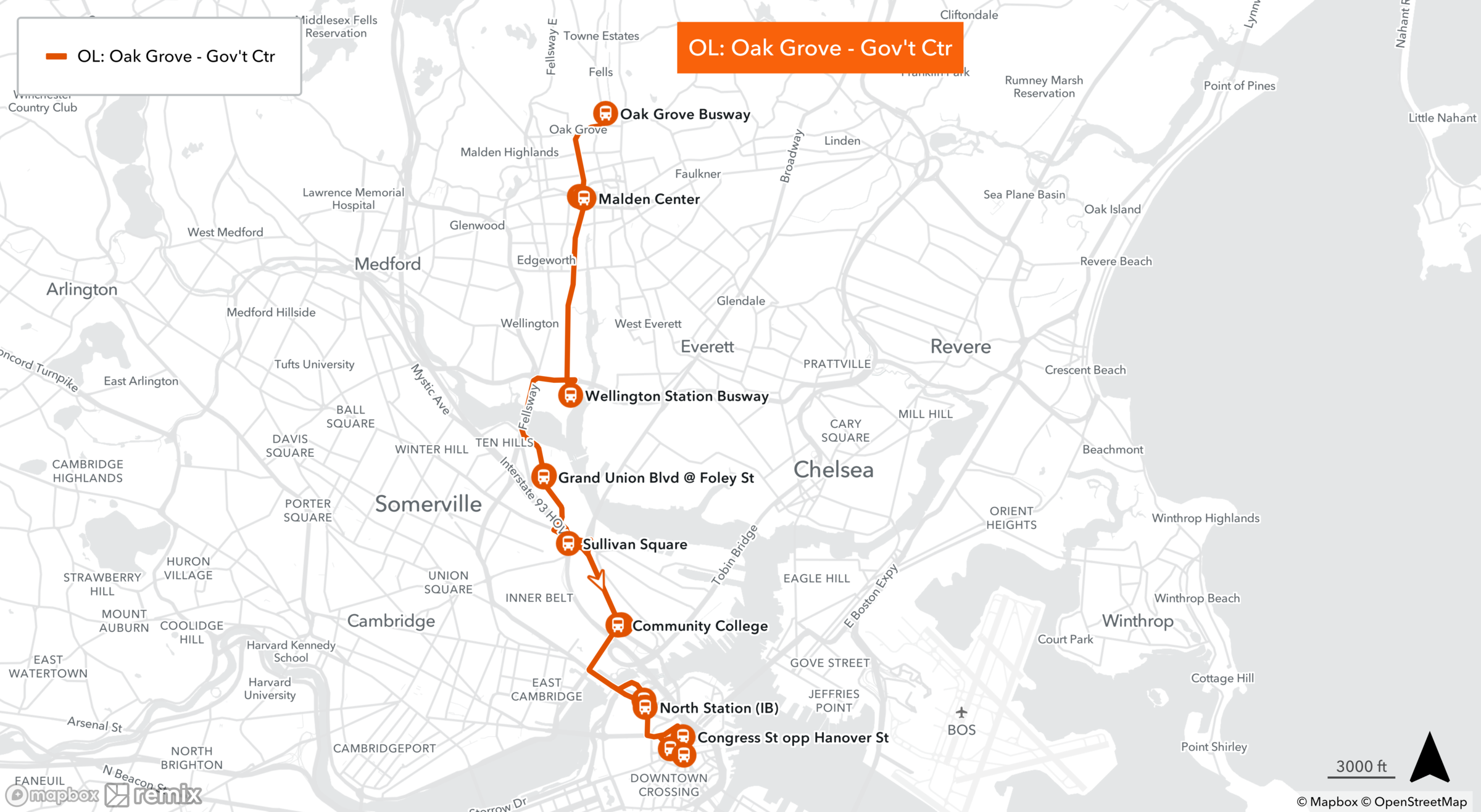 A map showing the Orange Line shuttle's northern route from Boston's Government Center to Oak Grove during the line's shutdown Aug. 19-Sept. 18.