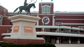 statue dedicated to Sioux leader Sitting Bull seen in front of the Ralph Engelstad Arena at the University of North Dakota