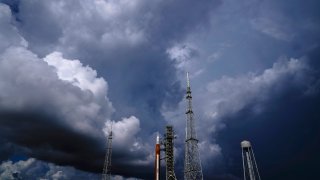The NASA moon rocket stands on Pad 39B