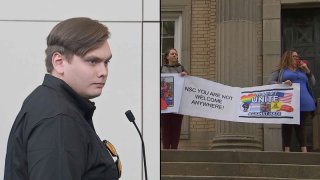 Christopher Hood, at left, in the West Roxbury location of Boston Municipal Court on Monday, Sept. 19, 2022. His appearance drew protesters outside the court, seen at right.