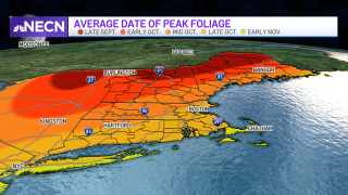 map showing peak fall foliage in new england