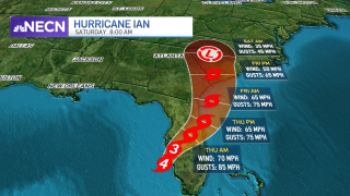 A weather map of Florida showing Hurricane Ian's track