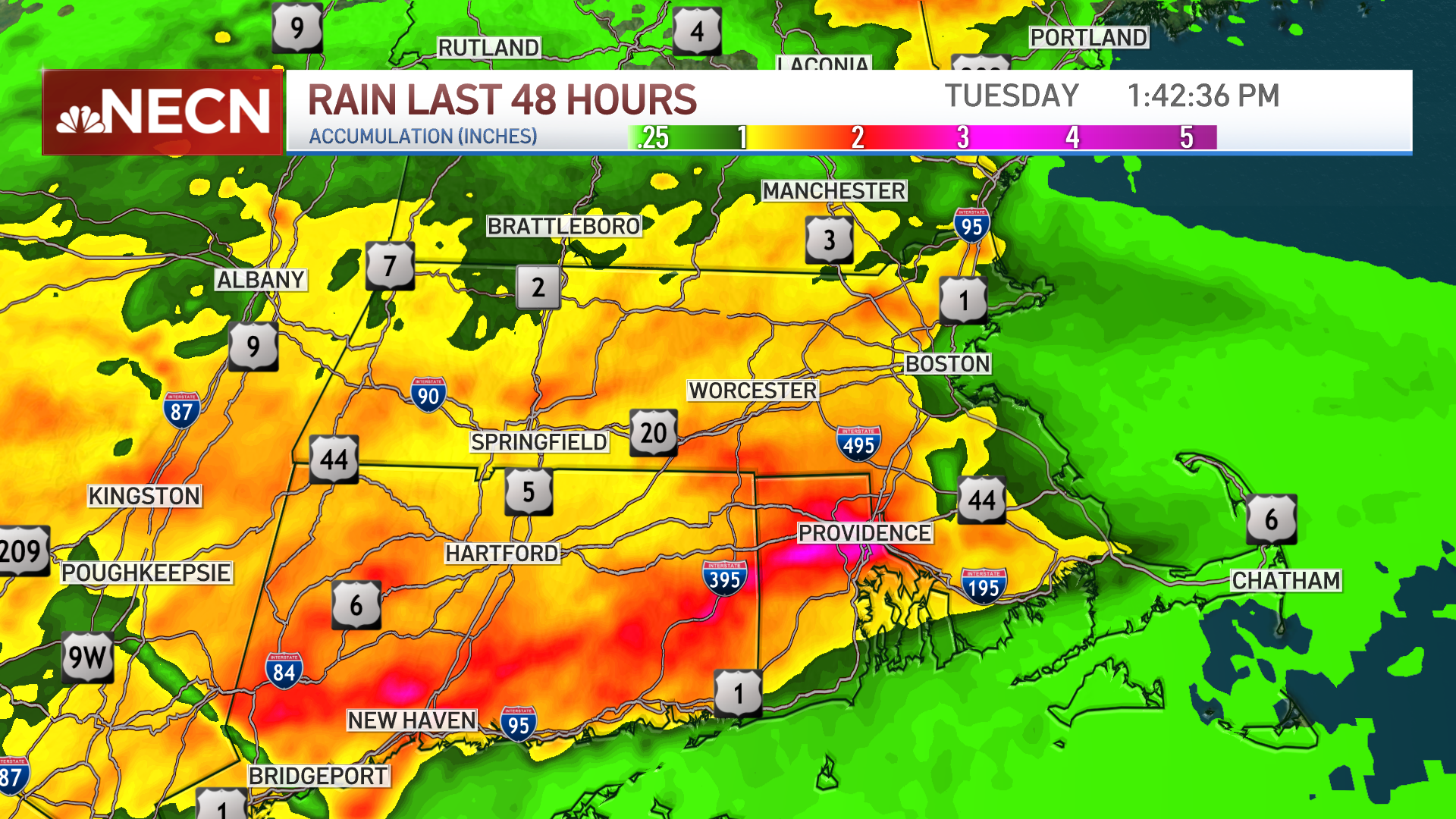 A map showing rainfall totals in New England through Tuesday, Sept. 6, 2022.