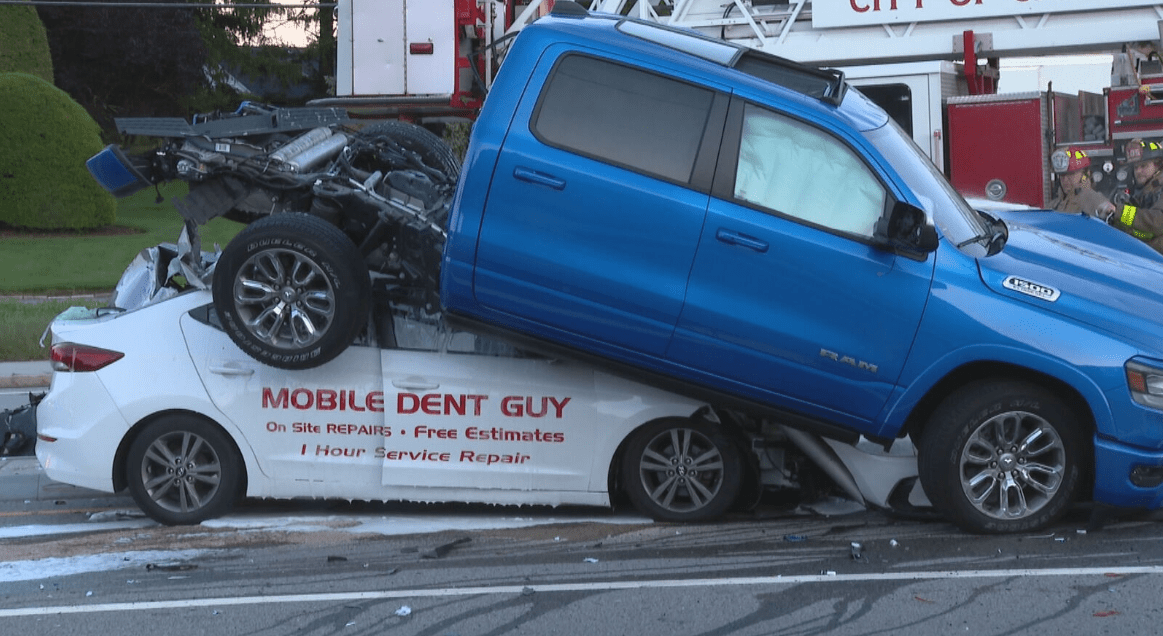 Truck Ends Up on Car After Going Airborne in Rhode Island Crash