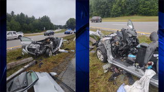 Heavy damage to a car involved in a crash on the Everett Turnpike