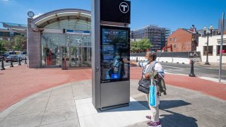 An MBTA digital kiosk at East Boston's Maverick Station