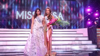 R’Bonney Gabriel, Miss Texas 2022, right, was named Miss USA 2022 on Monday night at the Grand Sierra Resort and Casino in Reno, Nevada.