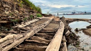 The remains of a ship lay on the banks of the Mississippi River in Baton Rouge, La.,