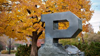 FILE - A large sculpture stands on the campus of Purdue University