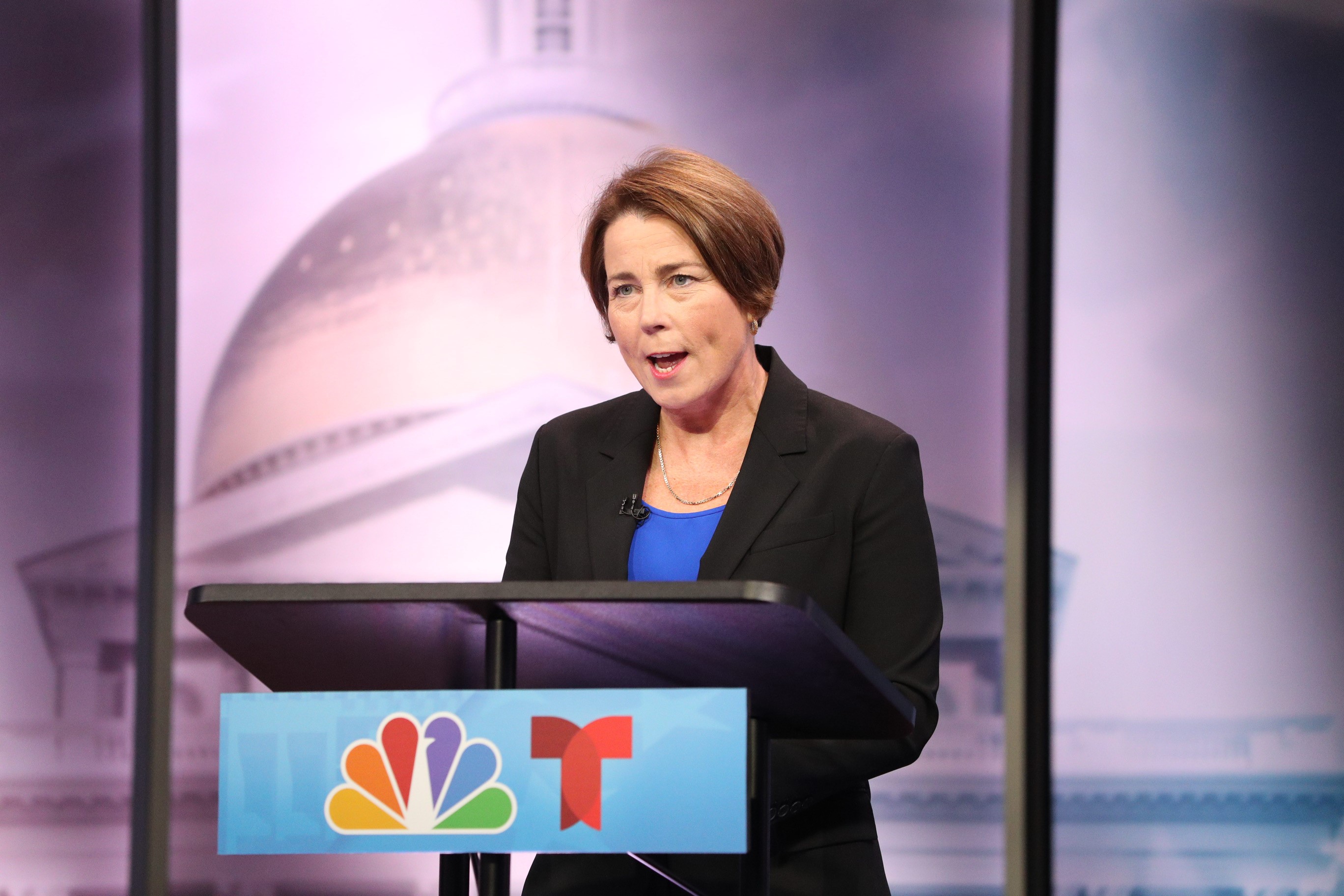 Democrat Maura Healey speaking during the debate.