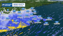 a weather map showing wind gust amounts from the high 30s in southeastern New England to the teens in northern New England