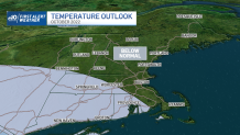 A map shows the October 2022 temperature outlook as below normal in southern and western New England