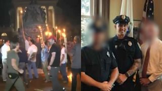 At left, white nationalists holding tiki torches rally in Charlottesville, Virginia, in 2017 as part of the "Unite the Right" demonstration. Woburn Police Officer John Donnelly, seen at left, is on leave while he's investigated for allegedly taking part in and helping to plan the rally.